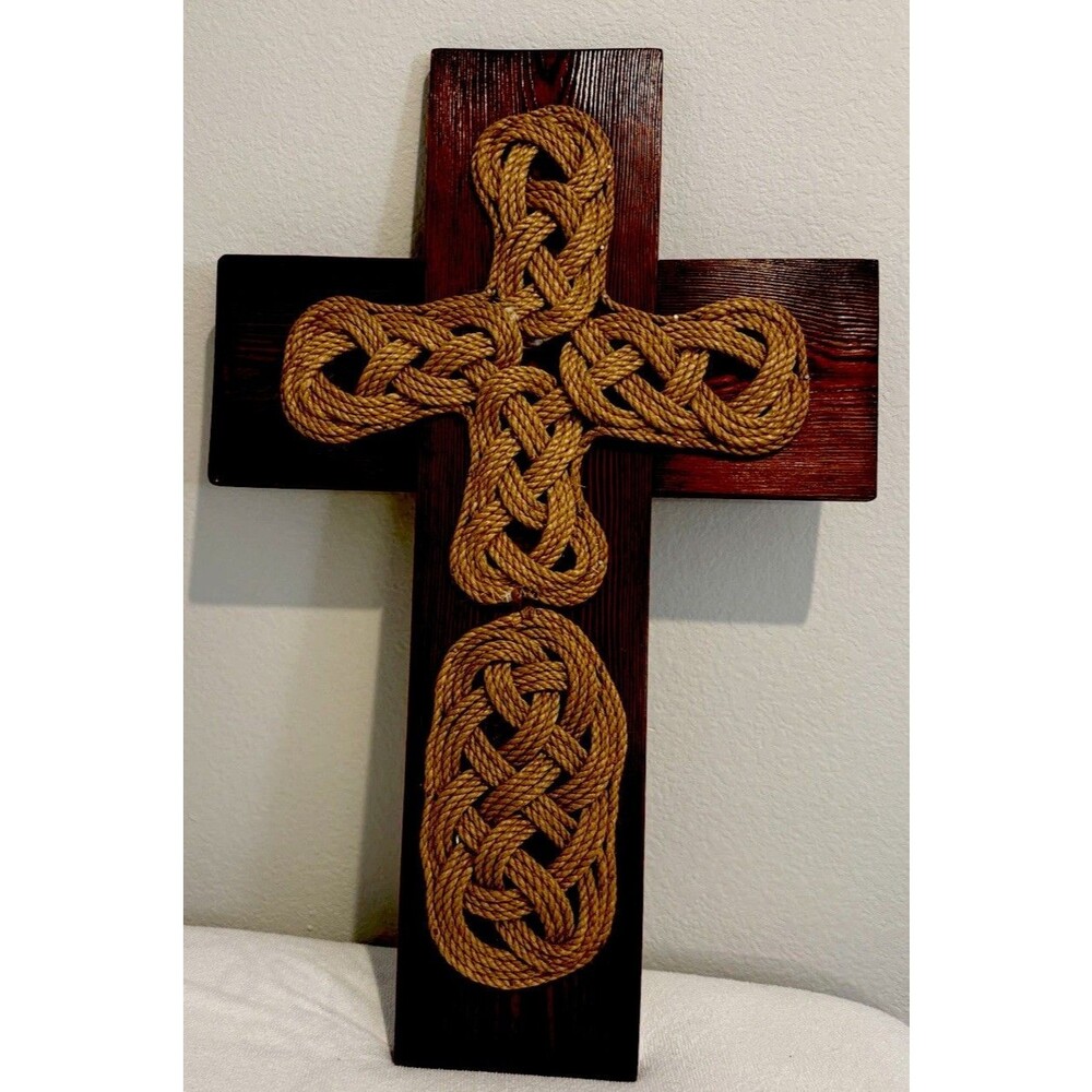 Pewter Rope on Wood Cross 3D wall hanging Cross. Western rustic Decor 29H * 19”w